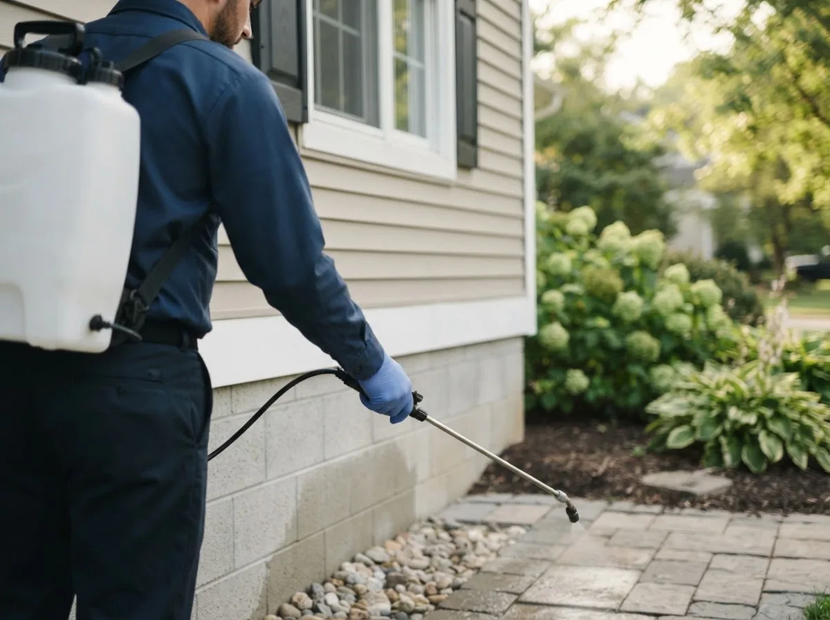 Pest control technician inspecting a home in Paden City, WV